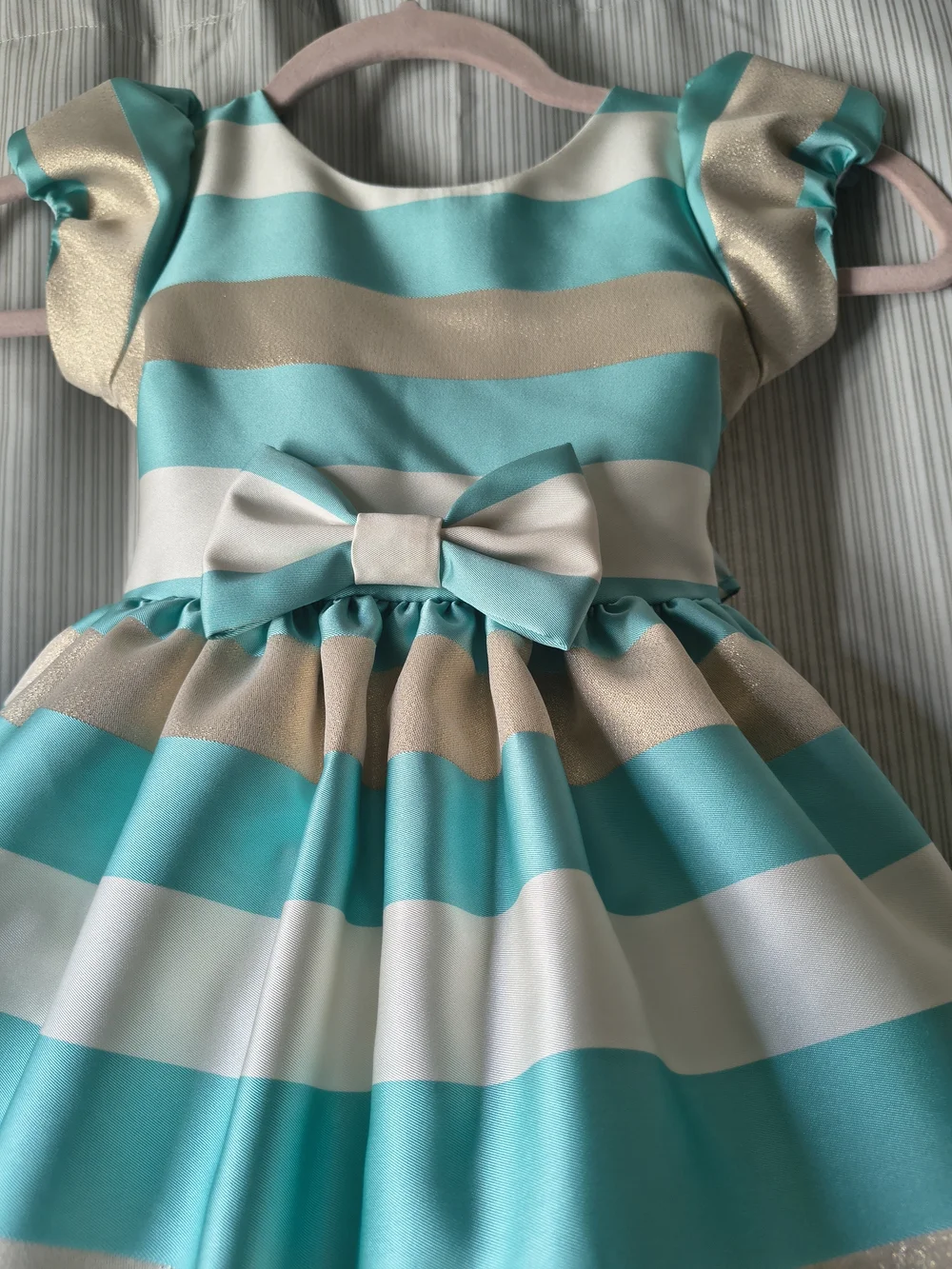 Girls Teal and Cream Striped Party Dress with Bow Size 3